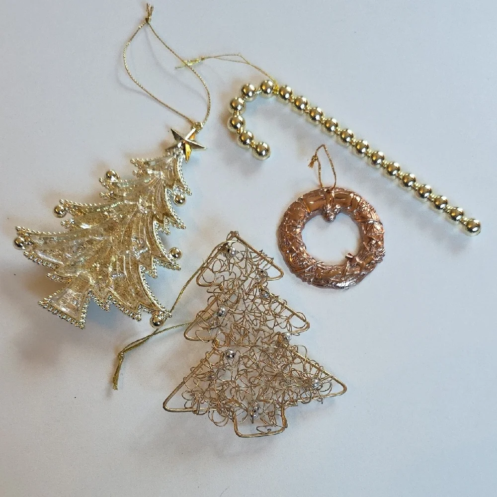 Gold Christmas Ornaments Set - Trees, Candy Canes, Wreath, Snowflake